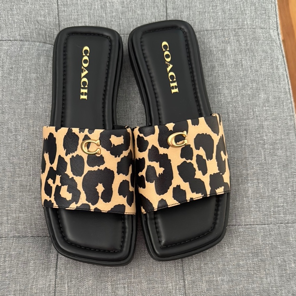 Coach Black and Tan Leopard Slides